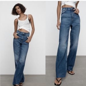 ZARA 90's Full Length High Rise Wide Leg Blue Denim Distressed Jean Women's Sz 4